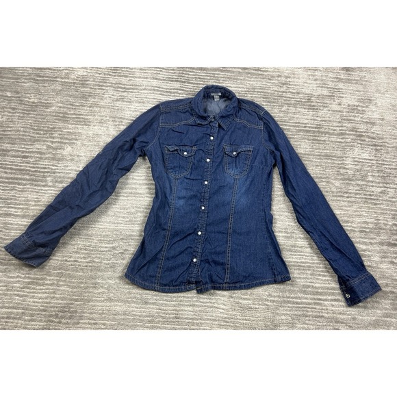 Charlotte Russe‎ Top Womens XS Blue Dark Wash Chambray Denim Snap Front - Picture 1 of 12